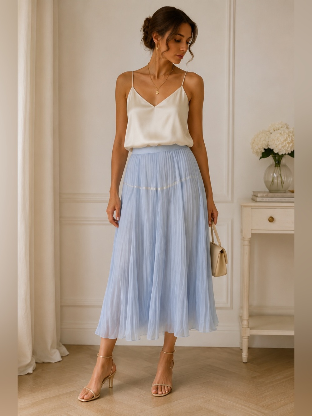 J. Crew 100% Silk Light Blue Pleated Midi Skirt Periwinkle Size 6